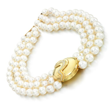 View full screen - View 1 of Lot 94. Cultured pearl and diamond necklace, 1990.