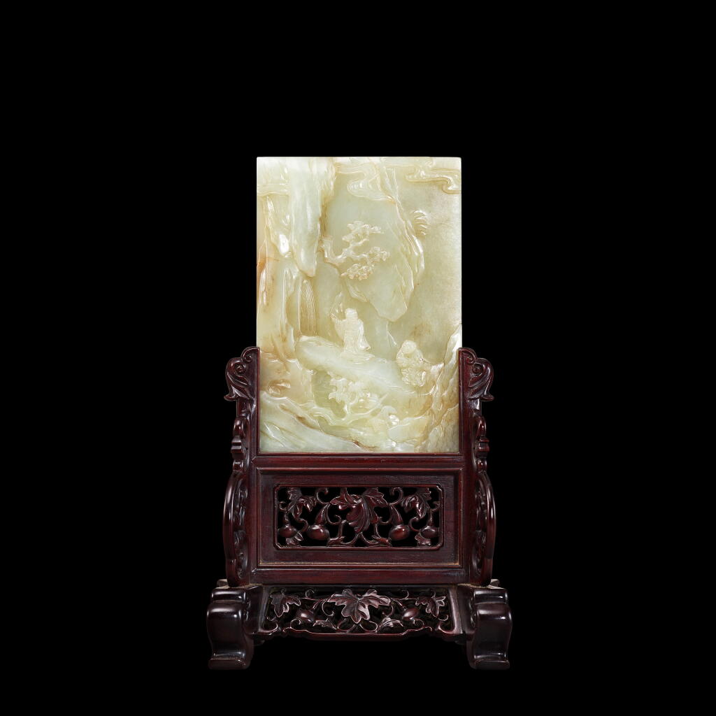 View full screen - View 1 of Lot 197. An imperially inscribed pale celadon jade table screen, Qing dynasty, Qianlong period | 清乾隆 青白玉雕攜琴訪友圖插屏.
