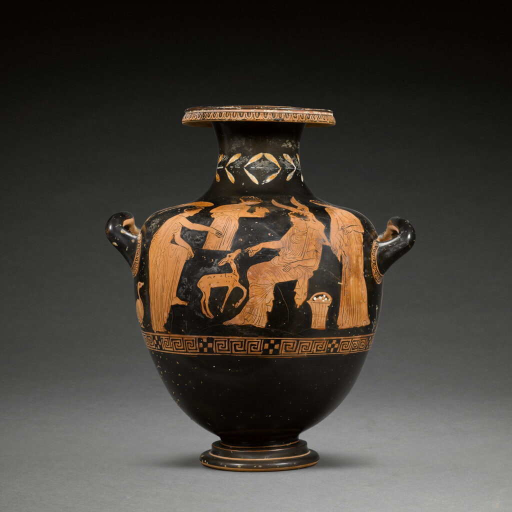 View full screen - View 1 of Lot 107. An Attic Red-figured Hydria, attributed to the Manner of the Dinos Painter, circa late 5th century B.C..