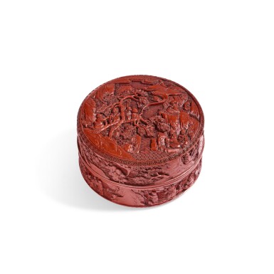 View full screen - View 1 of Lot 164. A rare carved cinnabar lacquer 'immortals' box and cover, Qing dynasty, Qianlong period.