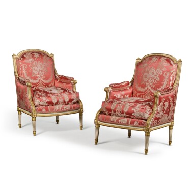 View full screen - View 1 of Lot 30. A Pair of Louis XVI Carved Giltwood Bergères, Both Stamped J.B. Boulard, Circa 1780.