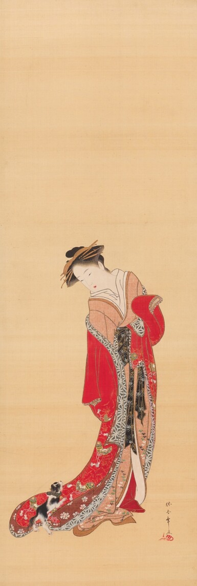 View full screen - View 1 of Lot 2142. Katsukawa Shunsho (1726-1783), Young woman and dog, Edo period, late 18th century | 勝川春章 美人に犬 江戸時代中期 18世紀後半.