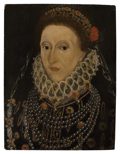 View full screen - View 1 of Lot 1057. ENGLISH SCHOOL, 19TH CENTURY | PORTRAIT OF QUEEN ELIZABETH I (1553-1603), BUST LENGTH, IN A BLACK BEJEWELED DRESS WITH GOLDEN EMBROIDERY AND A HEADDRESS OF PEARLS ENCRUSTED WITH PRECIOUS STONES.