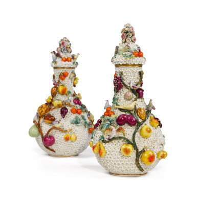 View full screen - View 1 of Lot 45. A Pair of Paris (Jacob Petit) Encrusted Bottle Vases and Covers, Second-Half 19th Century.
