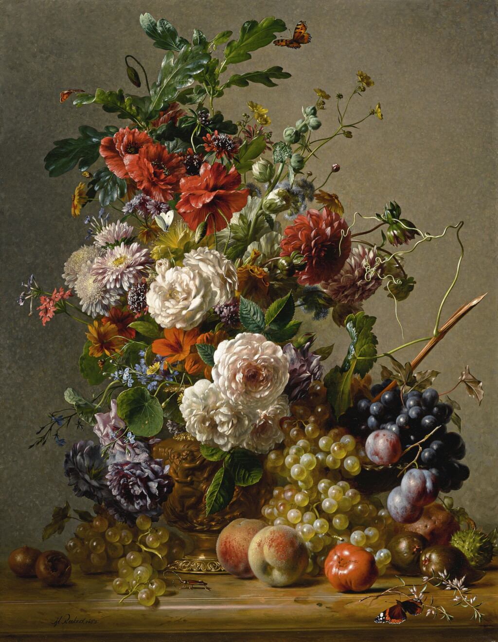 View full screen - View 1 of Lot 812. Hendrik Reekers | DAHLIAS, NASTURTIUMS, ROSES AND OTHER FLOWERS IN A COPPER EWER WITH PLUMS, GRAPES AND PEACHES ON A MARBLE LEDGE.