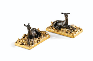 View full screen - View 1 of Lot 89. A PAIR OF LOUIS XVI PATINATED GILT-BRONZE PAPER WEIGHTS | PAIRE DE PLAQUES À PAPIER AUX BICHES EN BRONZE PATINÉ ET DORÉ D'ÉPOQUE LOUIS XVI.