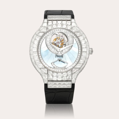 View full screen - View 1 of Lot 2201. Polo Tourbillon, Reference P10191 A white gold and diamond-set skeletonised tourbillion wristwatch with mother-of-pearl dial and power reserve indication, Circa 2015 | 伯爵 | POLO TOURBILLON 型號P10191 | 白金鑲鑽石鏤空陀飛輪腕錶,備珠母貝錶盤及動力儲備顯示,約2015年製.