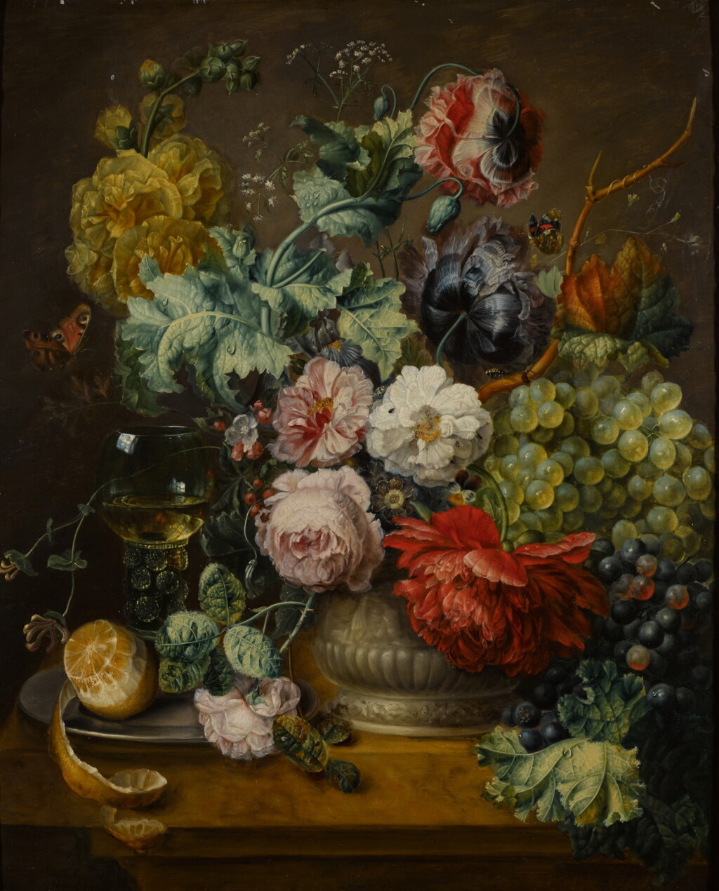 View full screen - View 1 of Lot 209. FOLLOWER OF CORNELIS VAN SPAENDONCK | Still life of summer flowers in a roemer on a marble ledge.