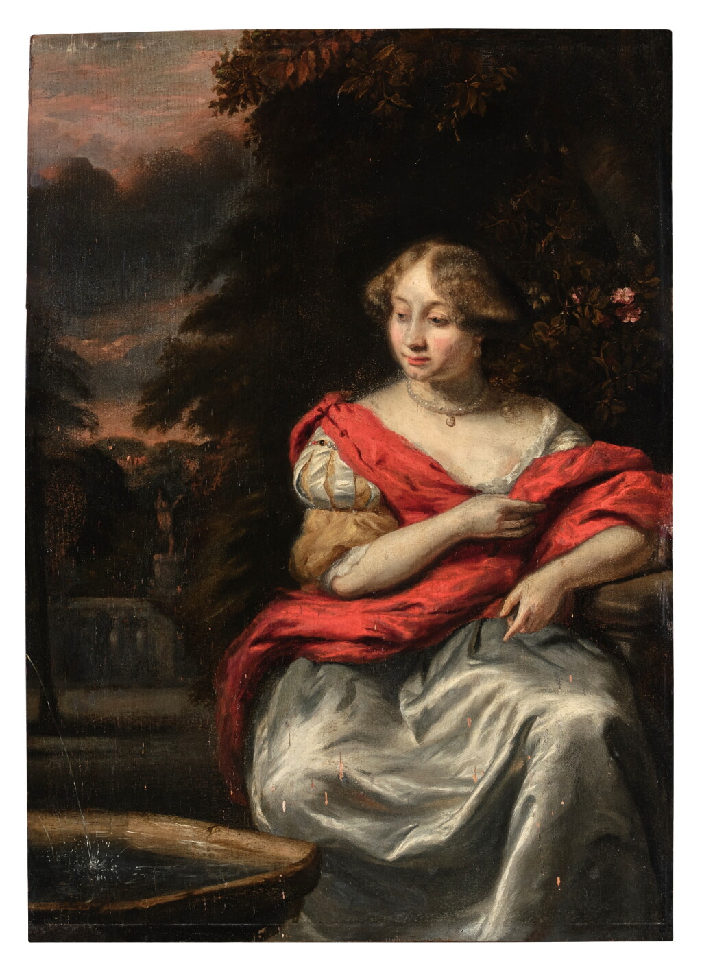 View full screen - View 1 of Lot 102. Portrait of a Woman Seated Beside a Fountain in a Garden.