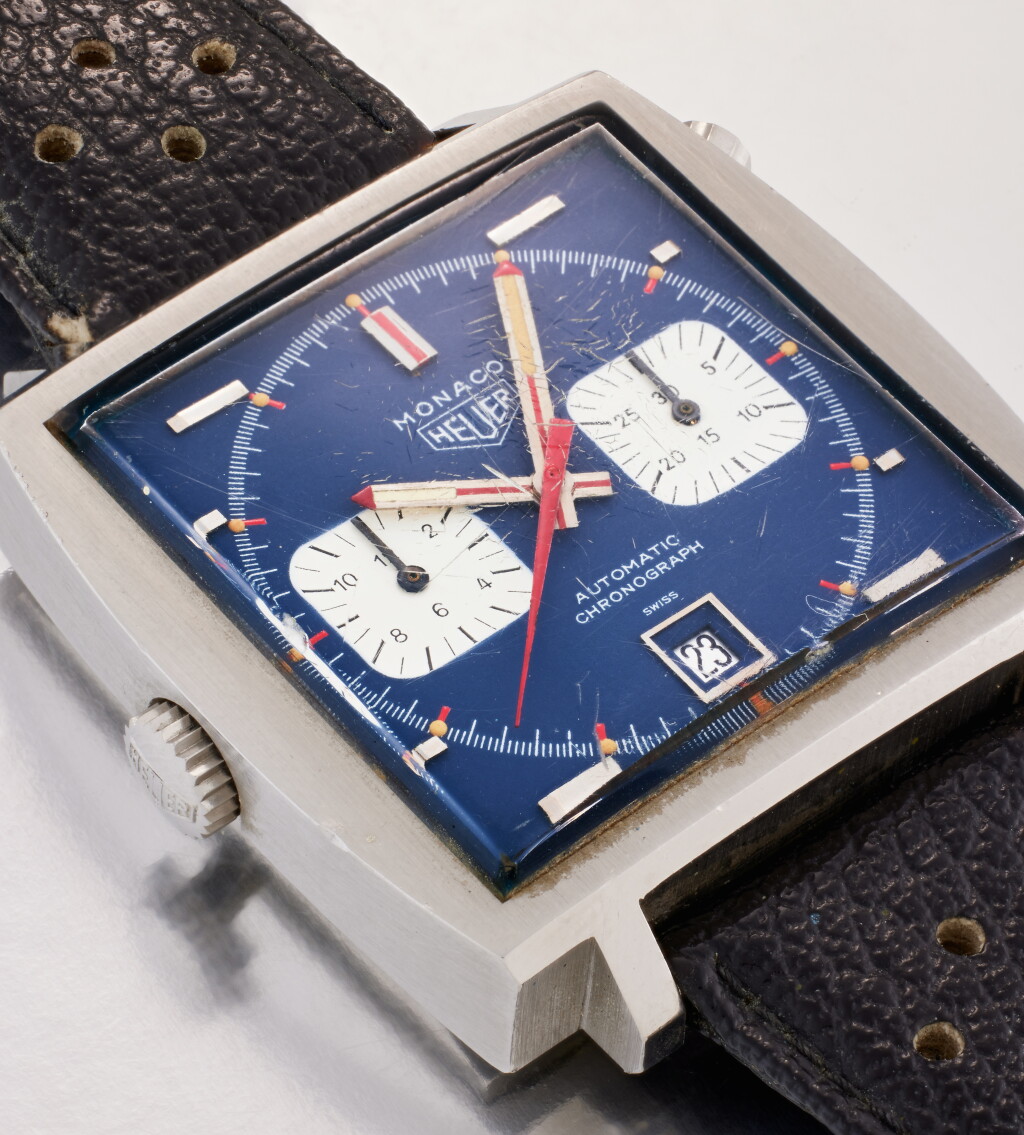 View full screen - View 1 of Lot 71. Reference 1133B Monaco | A rare stainless steel square automatic chronograph wristwatch with date, Screenworn by Steve McQueen in Le Mans, Circa 1969.