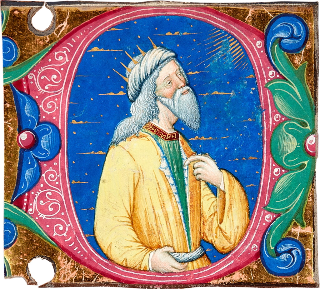 View full screen - View 1 of Lot 22. Illuminated Initial, C15th | King David gazing up to the Heavens, historiated initial ‘D from a Choir Psalter on vellum, illuminated by Venturino Mercati, Italy (Milan or Siena), c. 1470.