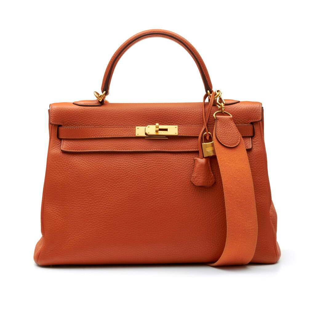 View full screen - View 1 of Lot 312. Orange Retourne Kelly 35cm in Taurillon Clemence Leather with Gold Hardware, 2005.