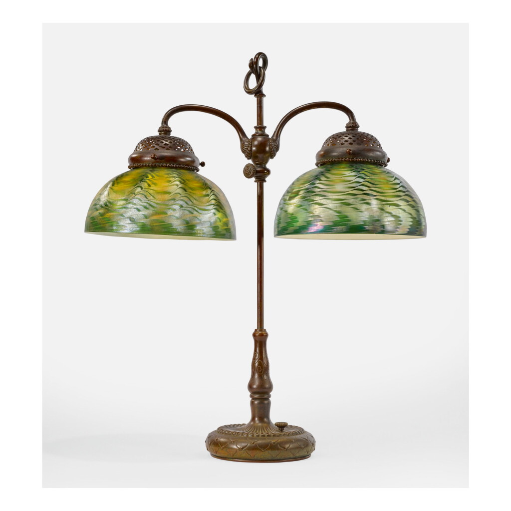 View full screen - View 1 of Lot 76. TIFFANY STUDIOS | ADJUSTABLE DOUBLE STUDENT LAMP.