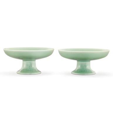 View full screen - View 1 of Lot 111. A PAIR OF CELADON-GLAZED TAZZA DISHES SEAL MARKS AND PERIOD OF QIANLONG | 清乾隆 粉青釉花卉紋供盤一對 《大清乾隆年製》款.