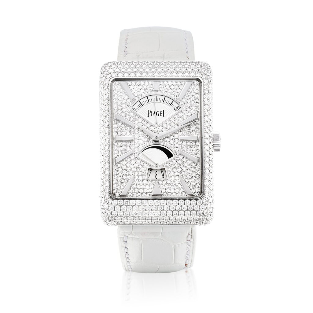 View full screen - View 1 of Lot 8610. Black Tie, Reference G0A33060 | A white gold and diamond-set wristwatch with date, retrograde seconds and power reserve indication, Circa 2010 | 伯爵 | Black Tie 型號G0A33060 | 白金鑲鑽石腕錶,備日期、逆跳秒及動力儲備顯示,約2010年製.