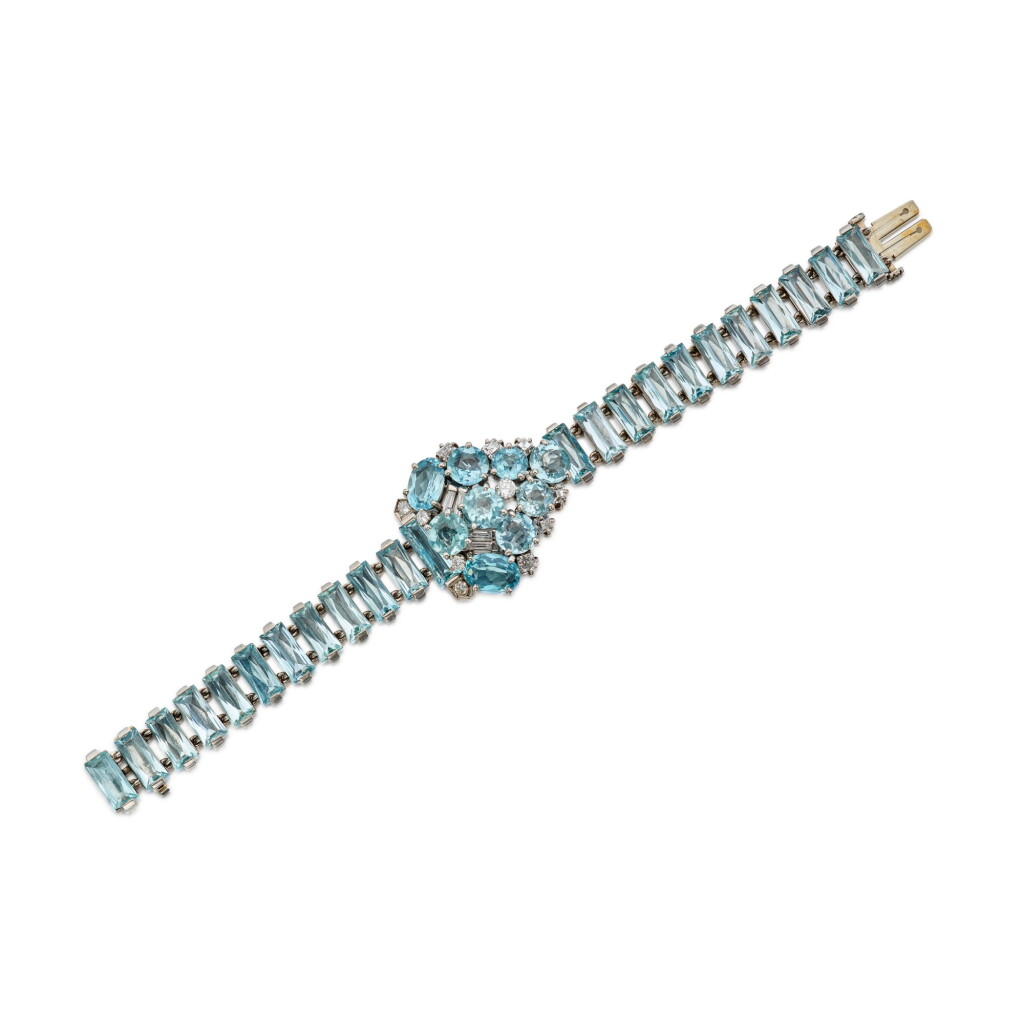 View full screen - View 1 of Lot 30. Aquamarine and Diamond Bracelet, France.
