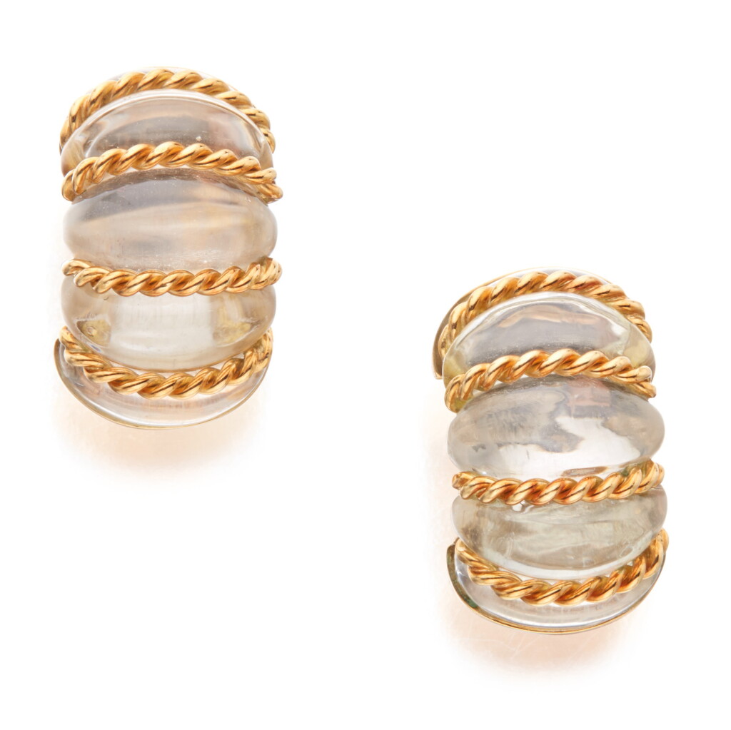 View full screen - View 1 of Lot 323. PAIR OF GOLD AND ROCK CRYSTAL EARCLIPS, SEAMAN SCHEPPS .