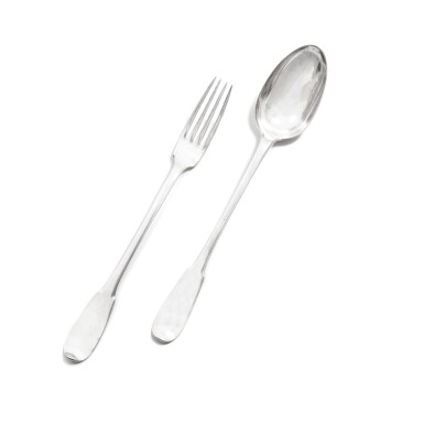 View full screen - View 1 of Lot 113. A silver serving spoon, Denis-François Lachèse, Angers, 1777-1778 and a silver serving fork, Martin Lumière, Orléans, 1766-1768 | Cuillère à ragout en argent par Denis-François Lachèse, Angers, 1777-1778 et fourchette de service en argent par Martin Lumière, Orléans, 1766-1768.