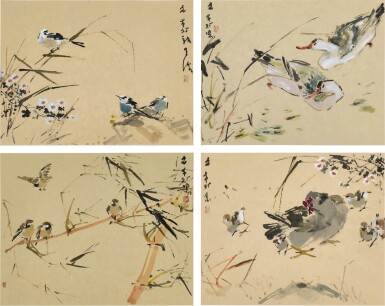 View full screen - View 1 of Lot 6152. Chen Wen Hsi 陳文希 | (i) Birds and flowers (ii) Ducks (iii) Sparrows on branches (iv) Hen and chicks (i) 花鳥 (ii) 鴨子 (iii) 樹枝上的麻雀 (iv) 母雞和小雞.