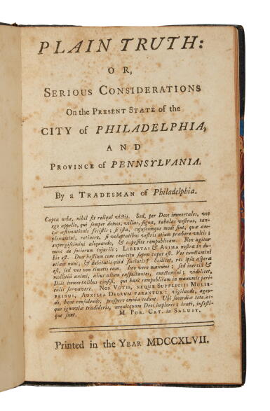 View full screen - View 1 of Lot 1003. (Franklin, Benjamin) | A very rare work written and printed by Franklin, containing "the earliest American political cartoon" .
