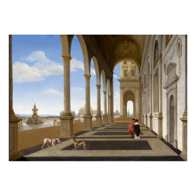 View full screen - View 1 of Lot 26. ISAAK VAN NICKELEN | A PALACE COLONNADE WITH ELEGANT FIGURES AND TWO DOGS, WITH A VIEW OF A FOUNTAIN AND OTHER ARCHITECTURE IN THE DISTANCE .