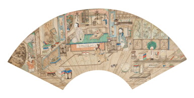 View full screen - View 1 of Lot 116. Anonyme Scène d'intérieur avec personnages Dynastie Qing | 清 人物故事圖 | Anonymous, Interior scene with characters, ink and colour on paper, fan leaf, Qing Dynasty.