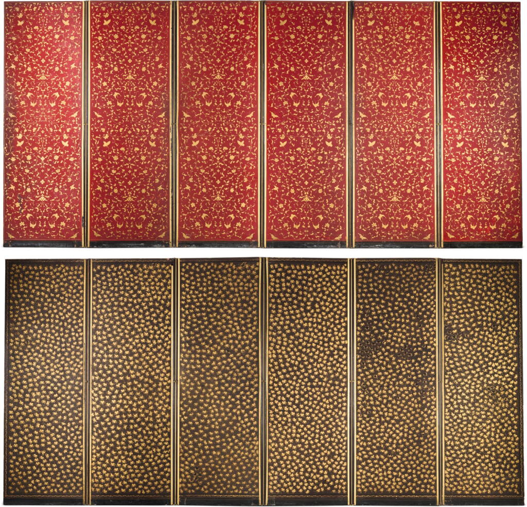 View full screen - View 1 of Lot 42. A PAIR OF CHINESE EXPORT GILT-HEIGHTENED RED AND BLACK LACQUER SIX-FOLD SCREENS, CIRCA 1800.
