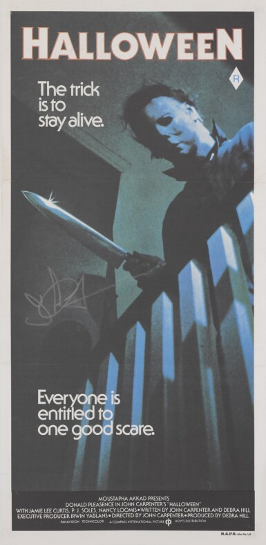 View full screen - View 1 of Lot 184. HALLOWEEN (1978) FIRST AUSTRALIAN RELEASE POSTER, 1979, SIGNED BY JOHN CARPENTER.