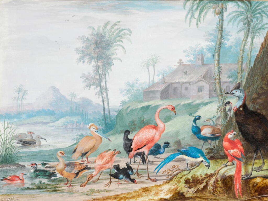 View full screen - View 1 of Lot 49. JOHANNES BRONCKHORST | A group of exotic birds in a landscape beneath palm trees, a building and mountains beyond.