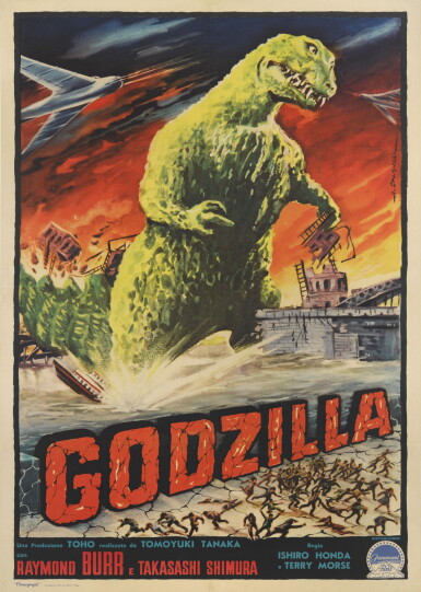 View full screen - View 1 of Lot 56. Godzilla/ Godzilla, King of the Monsters! (1956), poster, first Italian release (1957).