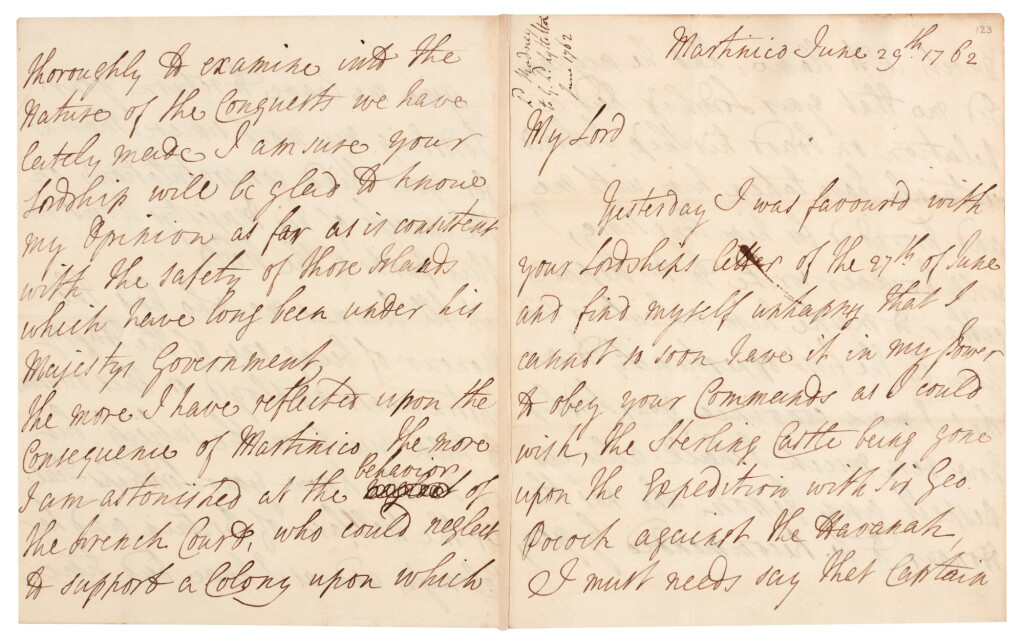 View full screen - View 1 of Lot 134. Admiral Lord Rodney | Autograph letter signed, to George Lyttelton, on Martinique, 29 June 1762.