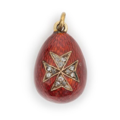 View full screen - View 1 of Lot 428. A jewelled gold and guilloché enamel egg pendant with Maltese cross, St Petersburg, 1899-1903.