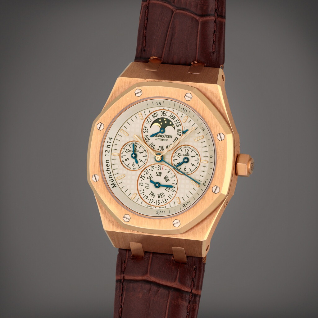 View full screen - View 1 of Lot 348. Royal Oak Equation of Time 'München', Reference 26603OR.OO.D092CR.01253 | A pink gold perpetual calendar wristwatch with leap year indication, moon phases, equation of time, sunset and sunrise time | Circa 2011.
