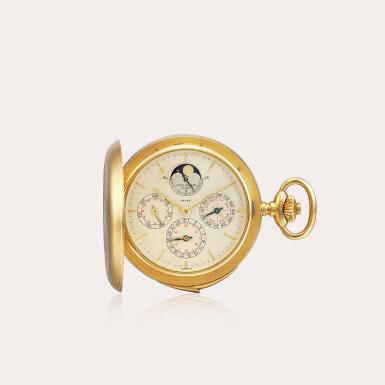 View full screen - View 1 of Lot 2325. Reference 881/001 | A yellow gold hunting case perpetual calendar minute repeating keyless lever watch with equation of time and moon phases, Retailed by Beyer, Made in 1982 | 百達翡麗 | 型號881/001 | 黃金獵殼萬年曆三問懷錶,備時間等式及月相,由 BEYER 發行,1982年製 .