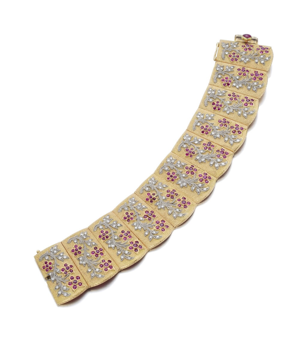View full screen - View 1 of Lot 588. GOLD, RUBY AND DIAMOND BRACELET .