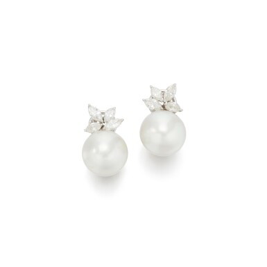 View full screen - View 1 of Lot 166. Pair of cultured pearl and diamond earrings (Paio di orecchini in perle coltivate e diamanti).