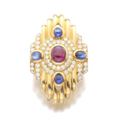 View full screen - View 1 of Lot 78. BOUCHERON | RUBY, SAPPHIRE AND DIAMOND BROOCH.