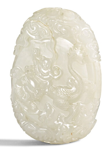 View full screen - View 1 of Lot 171. A WHITE JADE ‘FIGURAL' PLAQUE QING DYNASTY, 18TH CENTURY | 清十八世紀 白玉童子騎龍紋珮.