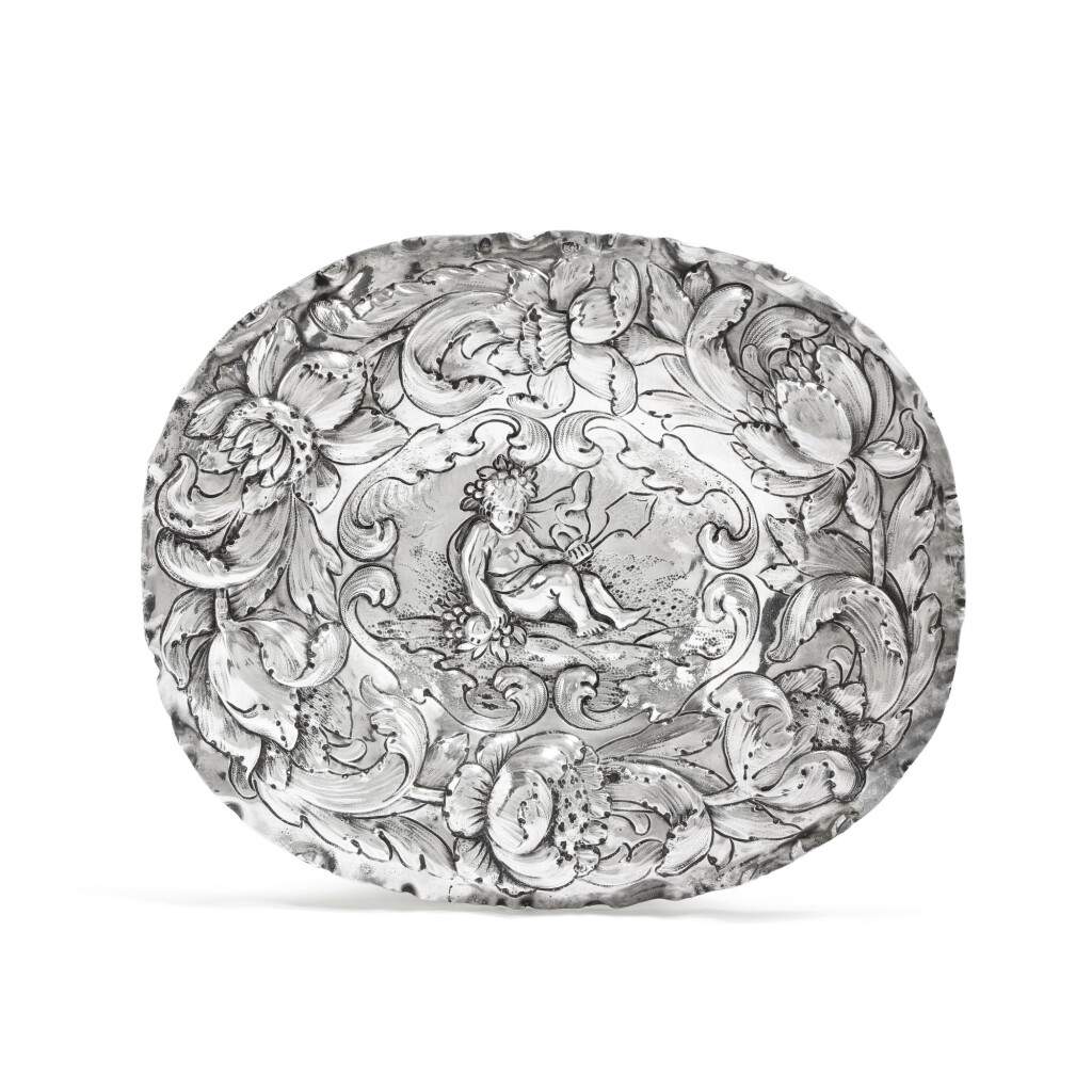 View full screen - View 1 of Lot 514. A German small silver presentation oval dish, Augsburg, circa 1680 | Petit plat d'ostentation ovale en argent, Augsbourg, vers 1680.