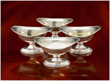 View full screen - View 1 of Lot 39. A SET OF FOUR GEORGE III SILVER SALTS, PETER AND ANN BATEMAN, LONDON, 1794 (3) AND 1795 (1).