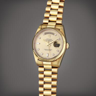View full screen - View 1 of Lot 36. Reference 18238 Day-Date | A yellow gold and diamond-set automatic wristwatch with day, date, and bracelet, Circa 1991.