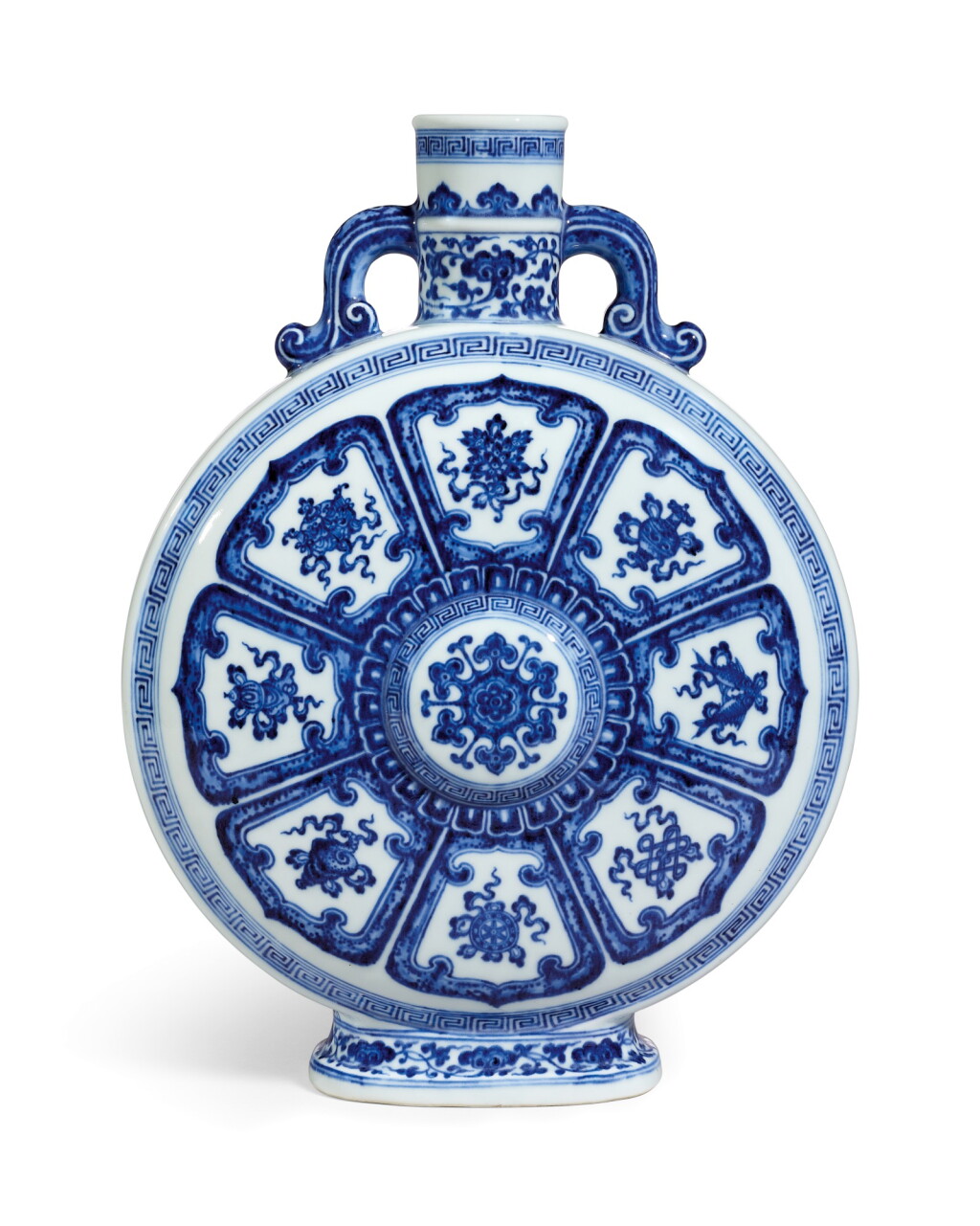 View full screen - View 1 of Lot 3610. A fine and rare blue and white Ming-style moonflask Seal mark and period of Qianlong | 清乾隆 青花八吉祥紋雙耳扁壺 《大清乾隆年製》款.
