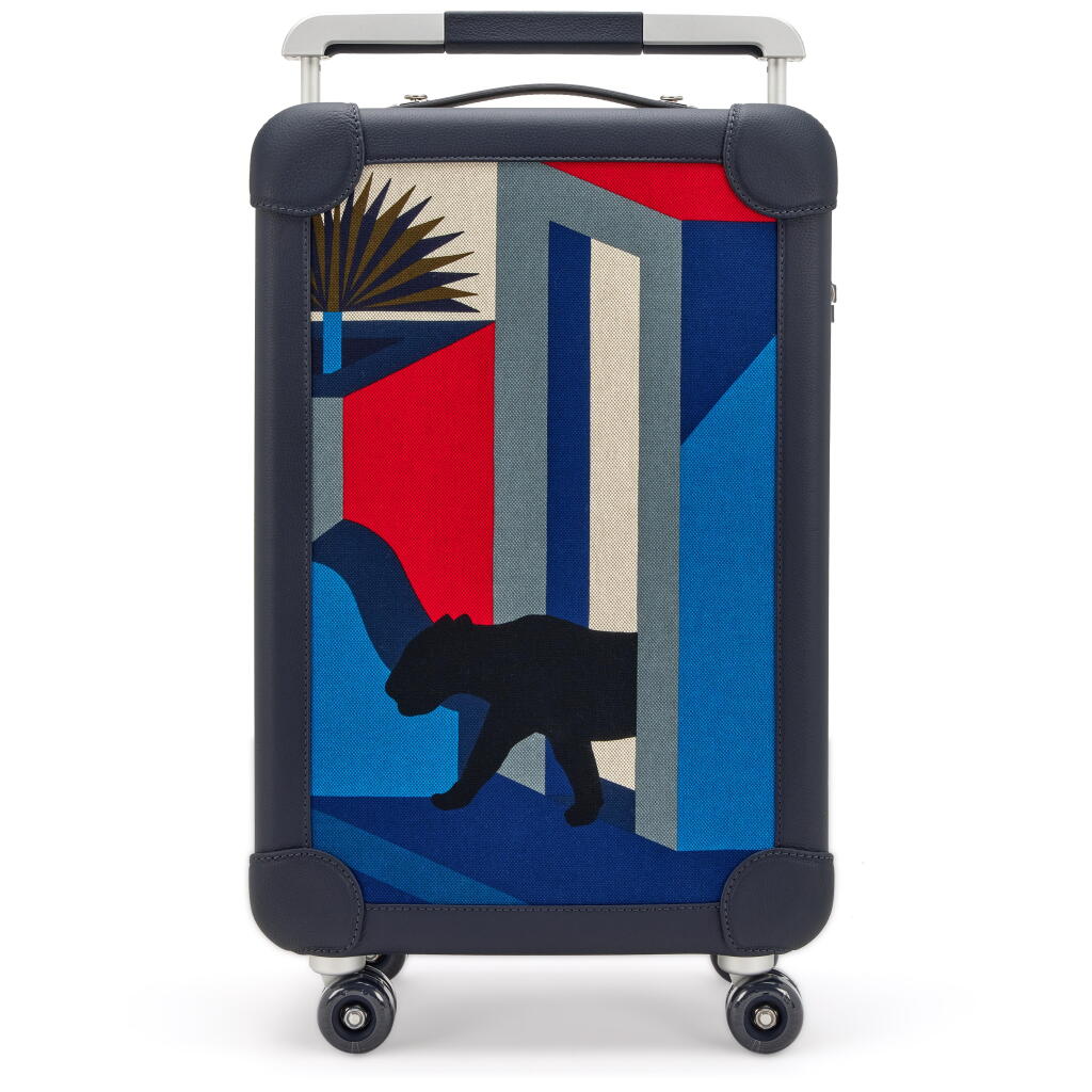 View full screen - View 1 of Lot 119. Printed Toile and Indigo Regate Leopard RMS Rolling Mobility Suitcase Palladium Hardware, 2022.