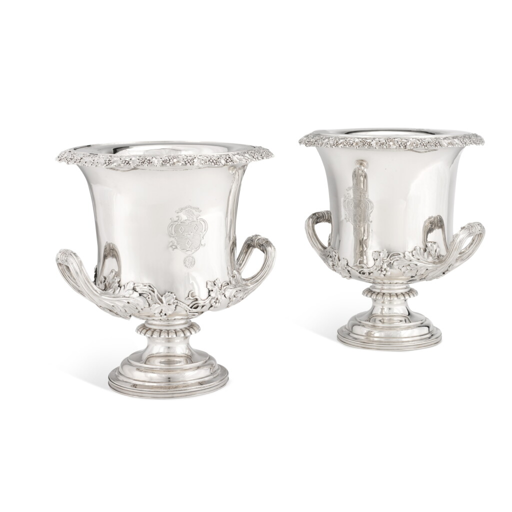 View full screen - View 1 of Lot 147. A pair of George III silver wine coolers, William Eley, London, 1827.