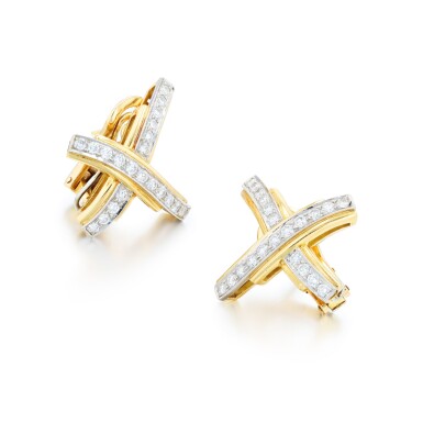 View full screen - View 1 of Lot 446. Paloma Picasso for Tiffany & Co. | Paire de boucles d'oreille or et diamants, "Graffiti X" | Pair of gold and diamond earrings, 'Graffiti X'.