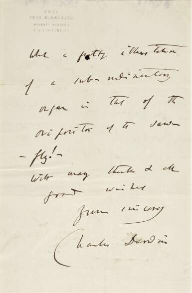 View full screen - View 1 of Lot 35. Darwin, Autograph letter signed, to C.V. Riley, 1877.