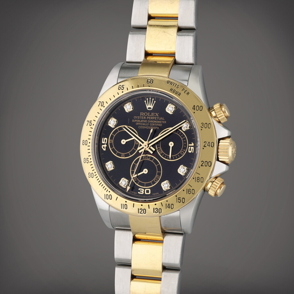 View full screen - View 1 of Lot 35. Reference 116523 Daytona | A stainless steel, yellow gold, and diamond-set automatic chronograph wristwatch with bracelet, Circa 2006.