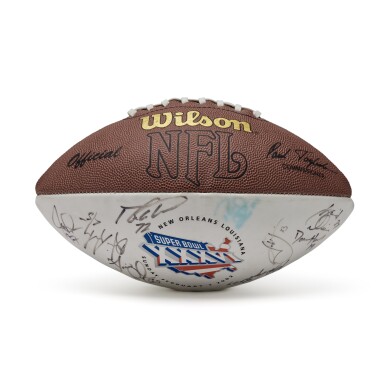 View full screen - View 1 of Lot 31. New England Patriots 2002 Super Bowl XXXVI Team Signed Football | Signed by Tom Brady, Richard Seymour, Adam Vinatieri and others | Brady's First Super Bowl Victory | Team Physician Provenance.