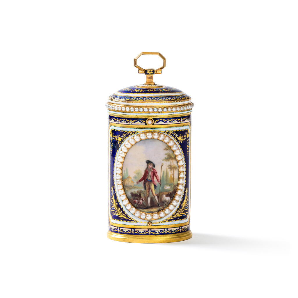 View full screen - View 1 of Lot 110. A pearl-set gold and enamel case, Geneva, circa 1785 .