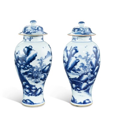 View full screen - View 1 of Lot 3340. A pair of blue and white 'landscape' vases and covers, Qing dynasty, Kangxi period | 清康熙 青花山水圖蓋瓶 一對 .